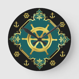 Nautical ship's wheels/anchors/ gold/black/aqua round clock