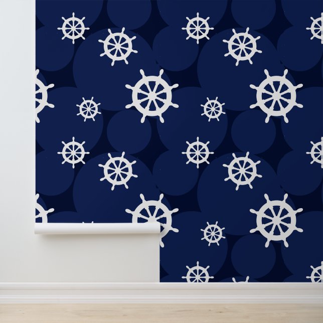Nautical Ship's Wheels and Circles Blue and White Wallpaper (Application)