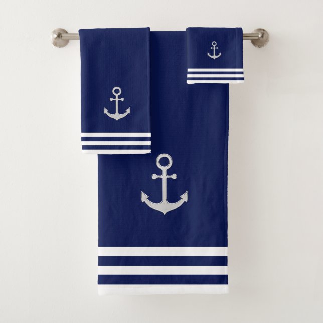 Nautical  Silver Anchor & Stripes on Navy Blue Bath Towel Set (Insitu)
