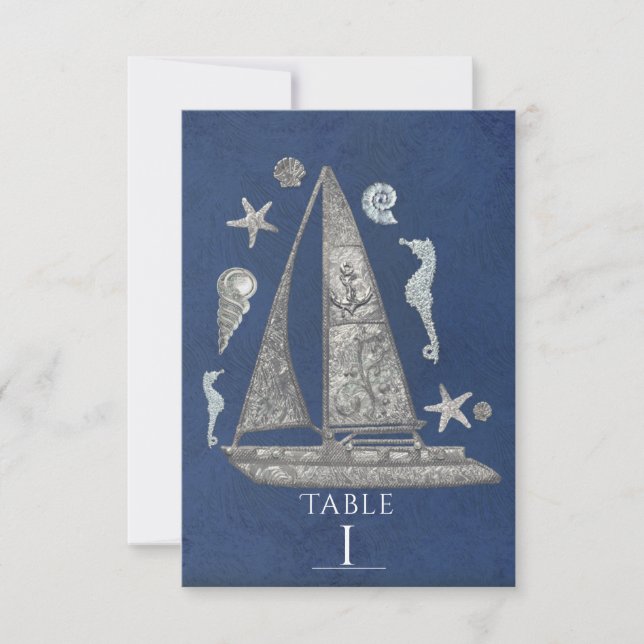 Nautical Silver Boat & Beach Table Number Cards (Front)