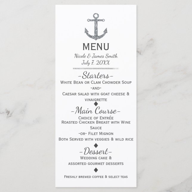 Nautical Silver Glitter Anchor Glamour Menu Card (Front)