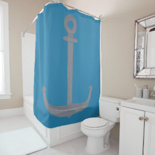 Nautical Silver Grey Anchor on Blue Shower Curtain