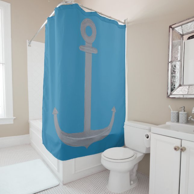 Nautical Silver Grey Anchor on Blue Shower Curtain (In Situ)