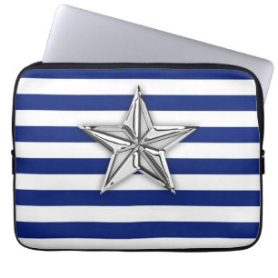 Nautical Silver Star Design on Stripes Laptop Sleeve