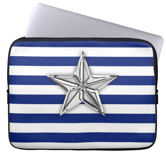 Nautical Silver Star Design on Stripes Laptop Sleeve (Front)