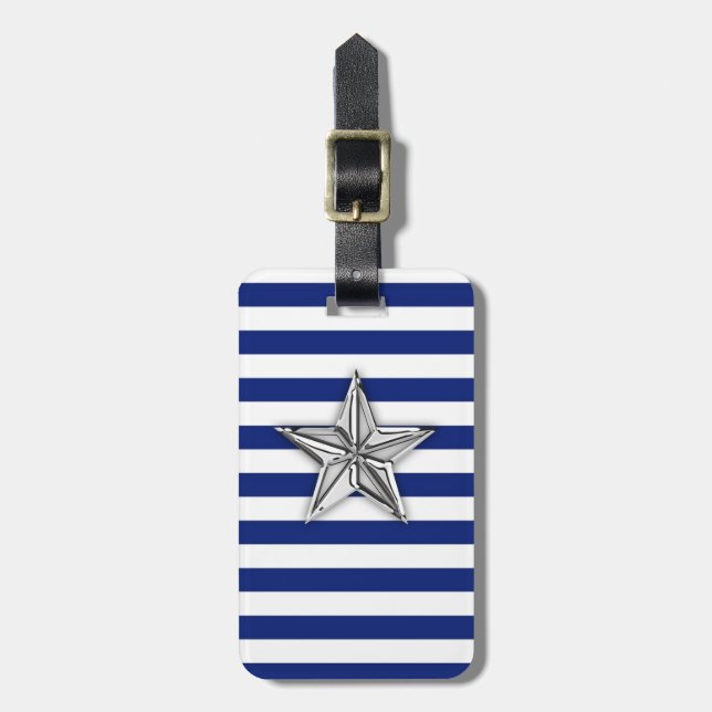 Nautical Silver Star on Blue Stripes Luggage Tag (Front Vertical)
