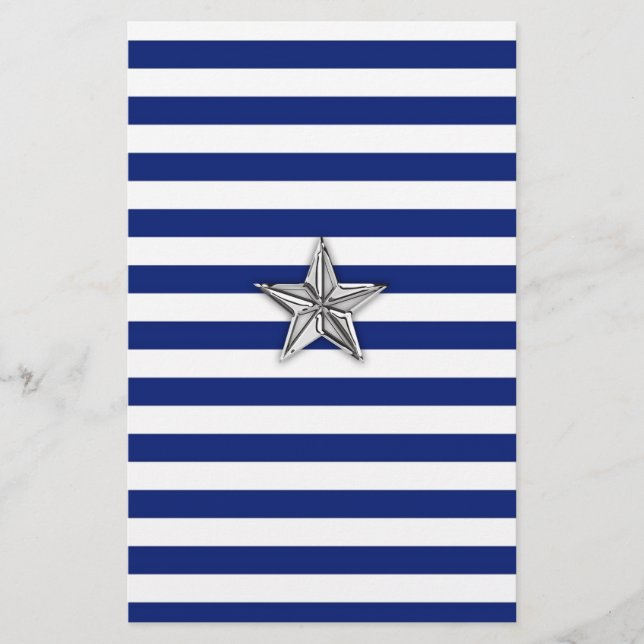 Nautical Silver Star on Blue Stripes Stationery (Front)