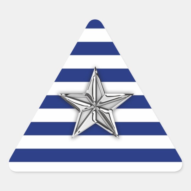 Nautical Silver Star on Blue Stripes Triangle Sticker (Front)