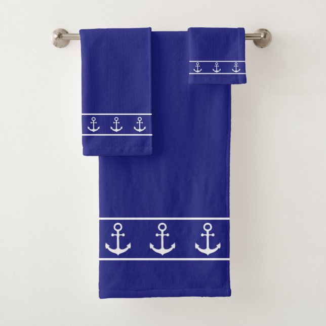 Nautical Simple, Elegant, Anchors on Navy Blue Bath Towel Set (Insitu)