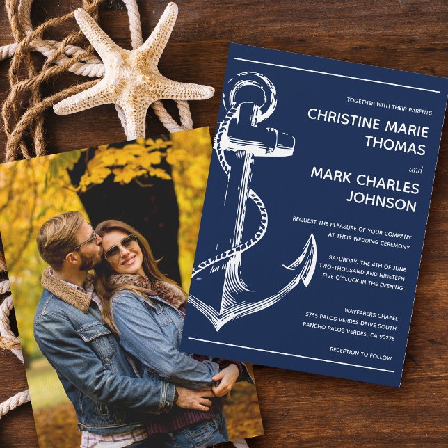 Nautical Sketch Anchor Photo Navy Wedding Invitation (Creator Uploaded)