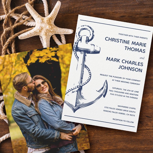 Nautical Sketch Anchor Photo Wedding Invitation (Creator Uploaded)