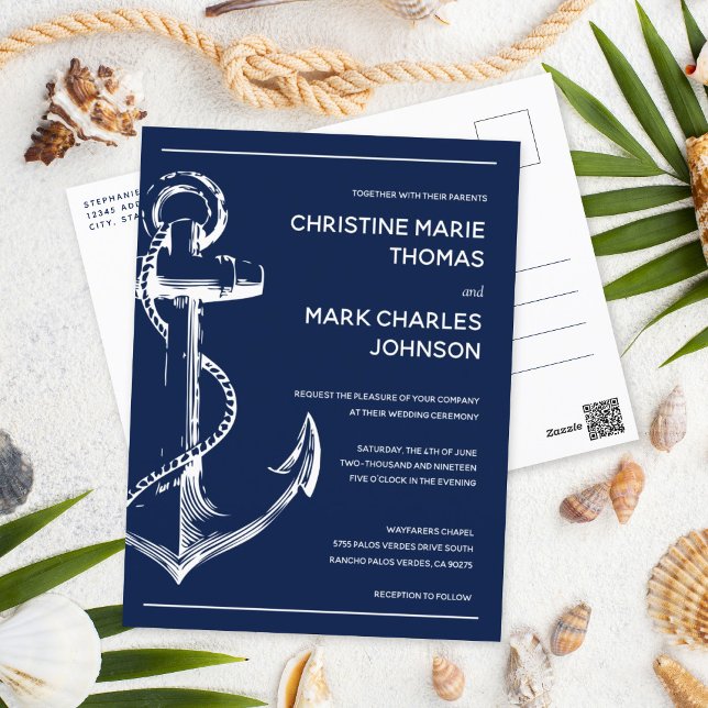 Nautical Sketch Anchor Wedding Navy Invite Postcard (Creator Uploaded)