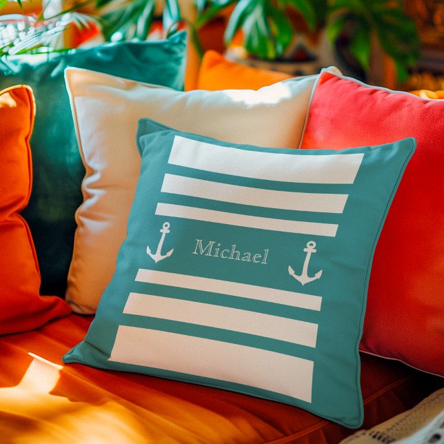 Nautical Soft Blue White Stripes Anchor Name Cushion (Creator Uploaded)
