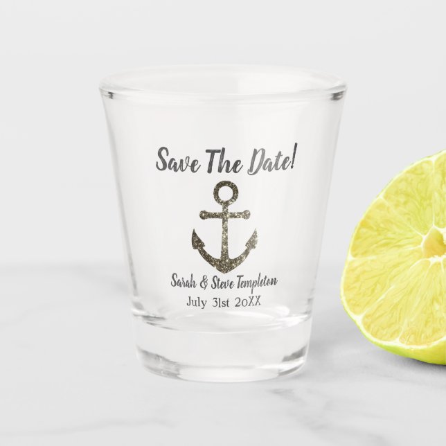 Nautical Sparkle Wedding Save The Date Shot Glass (Front)