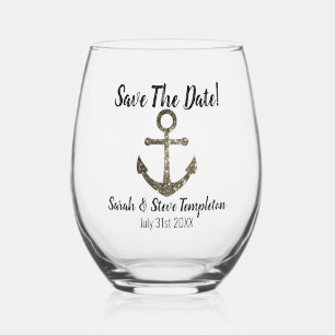 Nautical Sparkle Wedding Save The Date Stemless Wine Glass