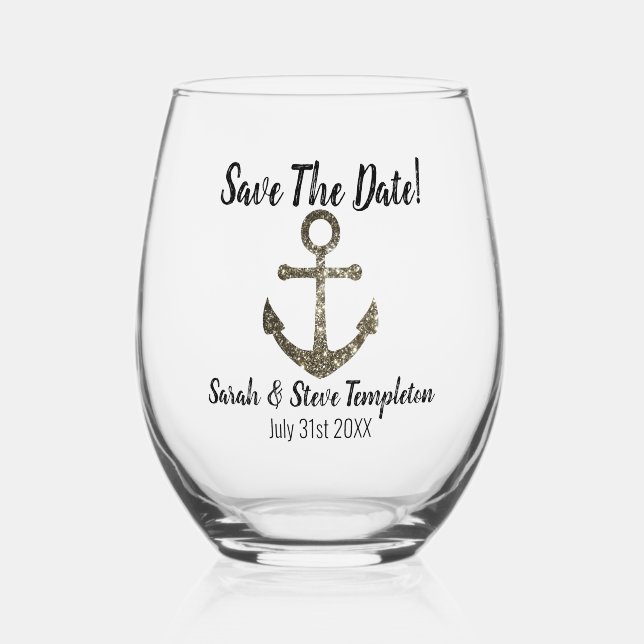 Nautical Sparkle Wedding Save The Date Stemless Wine Glass (Front)