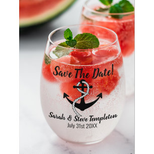Nautical Sparkle Wedding Save The Date Stemless Wine Glass