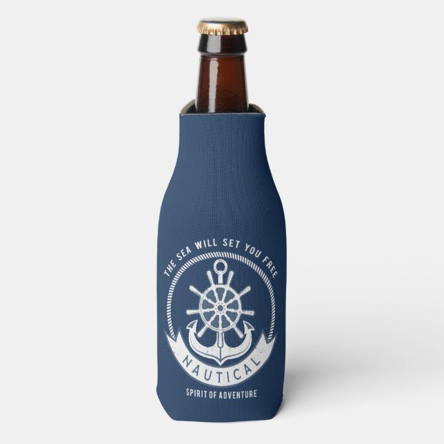 Nautical Spirit Anchor,Wheel, Navy Blue Bottle Cooler (Bottle Front)