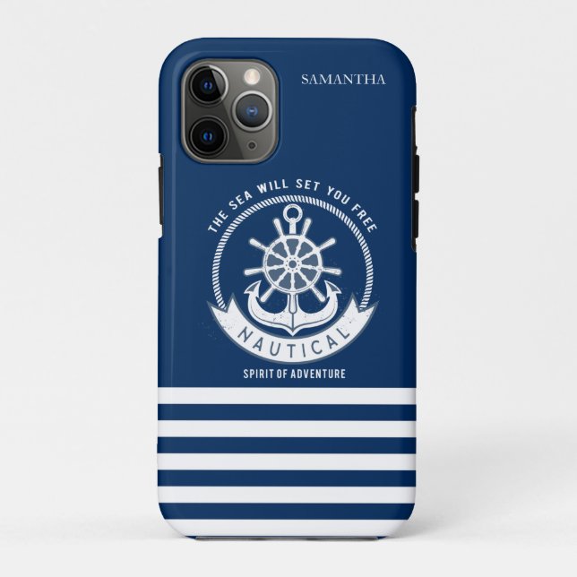 Nautical Spirit Anchor,Wheel, Navy Blue Case-Mate iPhone Case (Back)
