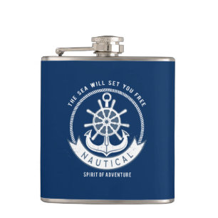 Nautical Spirit Anchor,Wheel, Navy Blue Hip Flask