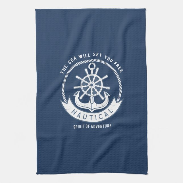 Nautical Spirit Anchor,Wheel, Navy Blue Tea Towel (Vertical)