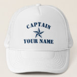 Nautical star boat captain name sailing yachting trucker hat<br><div class="desc">Nautical star boat captain name sailing yachting Trucker Hat. Bold typography template for name or quote. Make your own personalised cap for boating. Navy blue maritime symbol with custom text. Cool Birthday or Fathers Day gift idea for men. Make your own for skipper, dad, uncle, father, brother, husband, friend etc....</div>