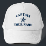 Nautical star boat captain name sailing yachting trucker hat<br><div class="desc">Nautical star boat captain name sailing yachting Trucker Hat. Bold typography template for name or quote. Make your own personalised cap for boating. Navy blue maritime symbol with custom text. Cool Birthday or Fathers Day gift idea for men. Make your own for skipper, dad, uncle, father, brother, husband, friend etc....</div>