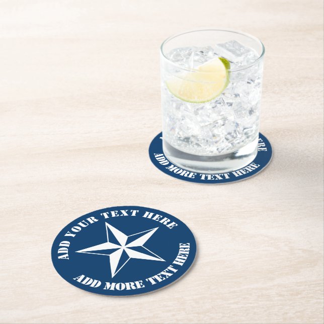 Nautical star navy blue and white custom party round paper coaster (Insitu)