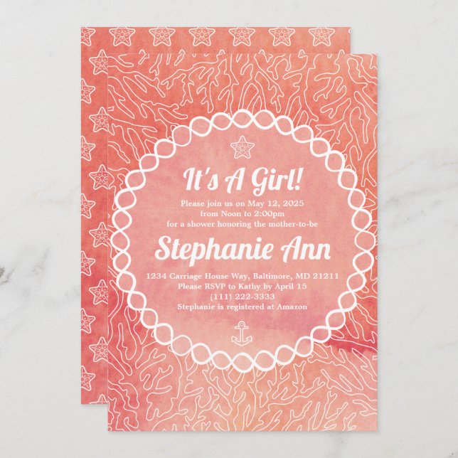 Nautical Starfish Baby Girl Baby Shower Invitation (Front/Back)
