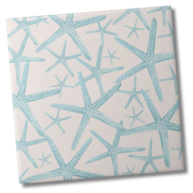 Nautical Starfish Beach House Tile (Tan Taupe Teal Nautical Starfish Beach Pattern Ceramic Tile)