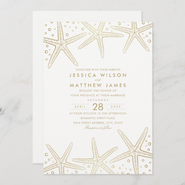 Nautical Starfish Elegant Fun Beach Themed Wedding Invitation (Front/Back)