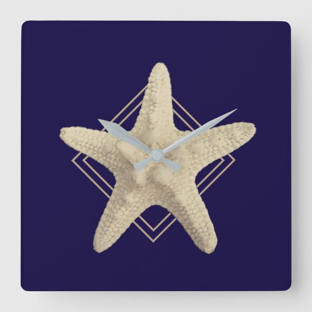 Nautical Starfish Navy Blue Minimalist  Square Wall Clock (Front)