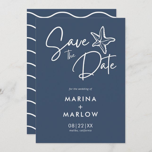 Nautical Starfish Navy White Stripe Wedding Save T Save The Date (Front/Back)