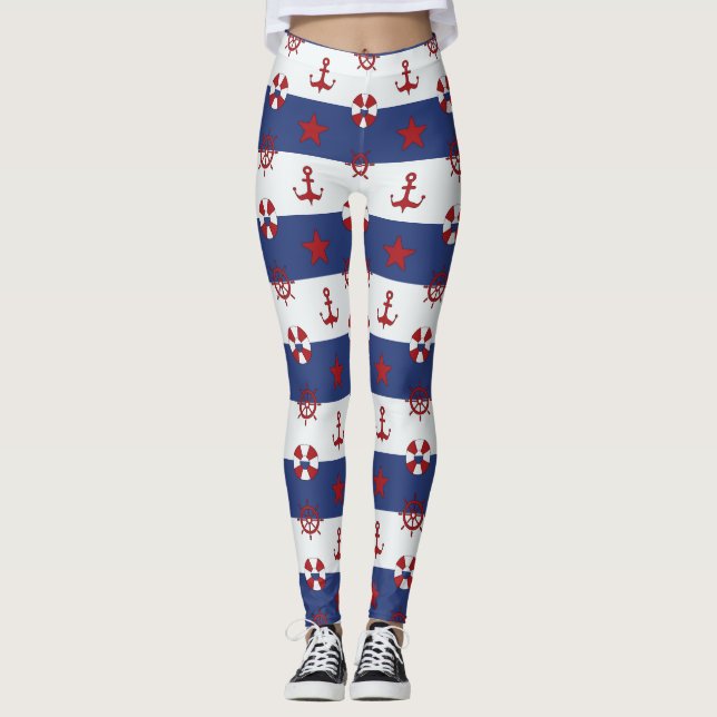 Nautical Stars And Stripes Pattern Leggings (Front)