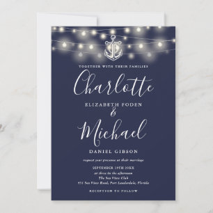 Nautical String Lights Monogram Navy Blue Wedding Invitation