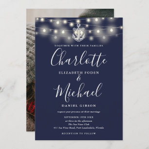 Nautical String Lights Navy Blue Photo Wedding Invitation