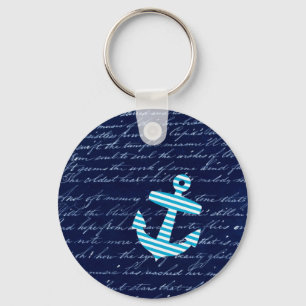 Nautical Stripe anchor handwriting design Key Ring