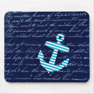 Nautical Stripe anchor handwriting design Mouse Pad