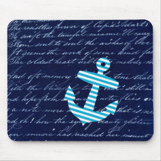 Nautical Stripe anchor handwriting design Mouse Pad