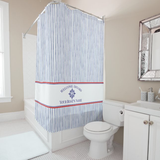  Nautical Stripe Monogram Boat Name Shower Curtain (In Situ)