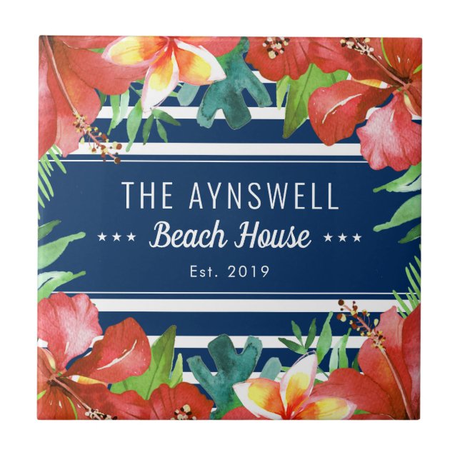 Nautical Stripe Tropical Floral Beach House Tile (Front)