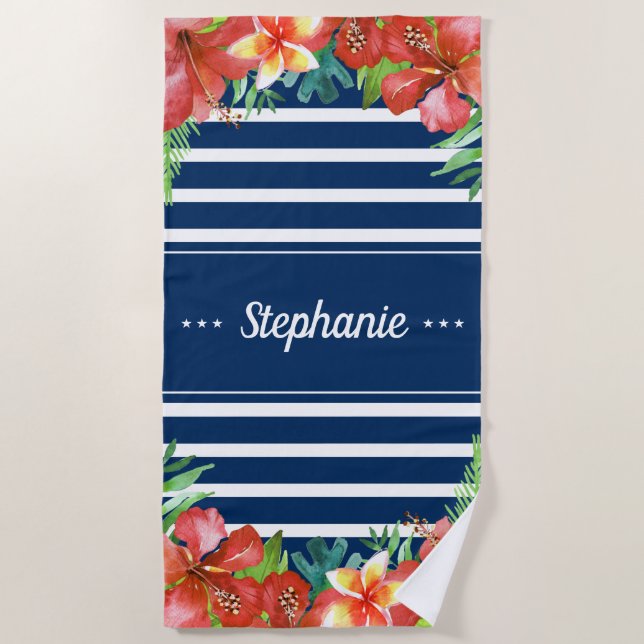 Nautical Stripe Tropical Floral Personalised Beach Towel (Front)