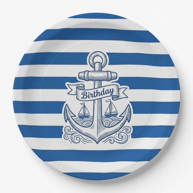Nautical Striped Anchor Birthday Paper Plate (Front)