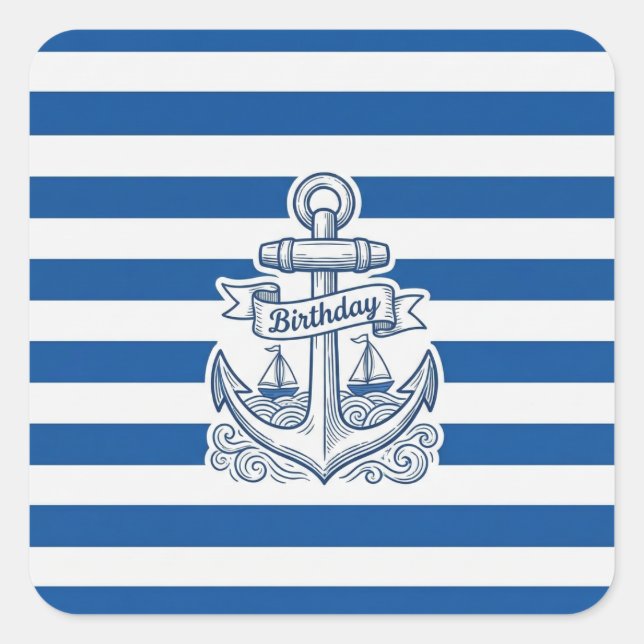 Nautical Striped Anchor Birthday Square Sticker (Front)