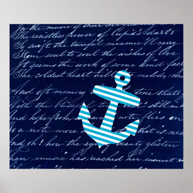 Nautical Striped blue anchor art poster (Front)