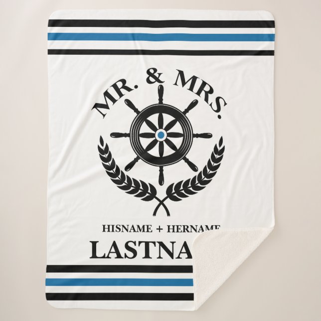 Nautical Striped Custom Mr and Mrs  Sherpa Blanket (Front)