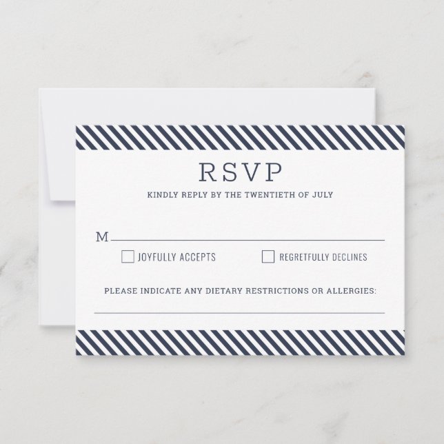 Nautical Striped Navy Blue Wedding Reply Card (Front)