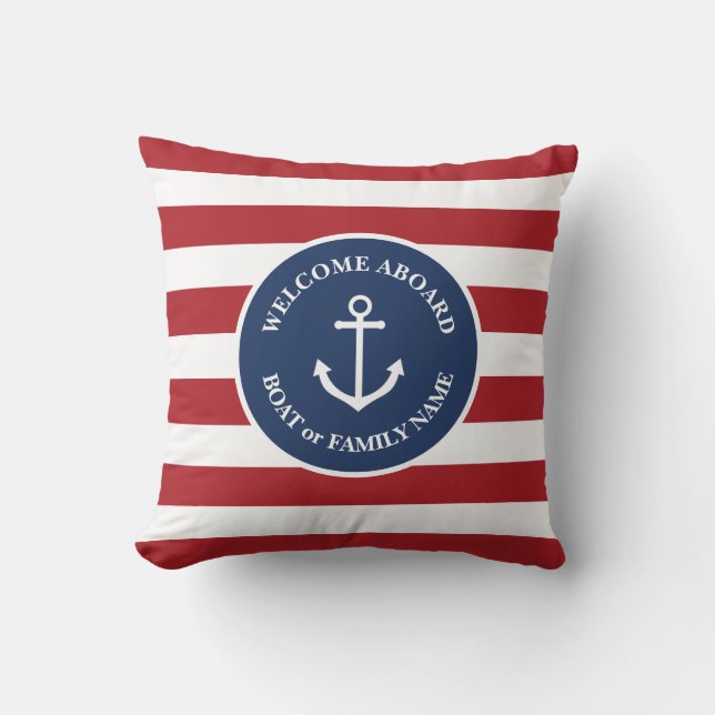 Nautical striped welcome aboard pillow (Front)