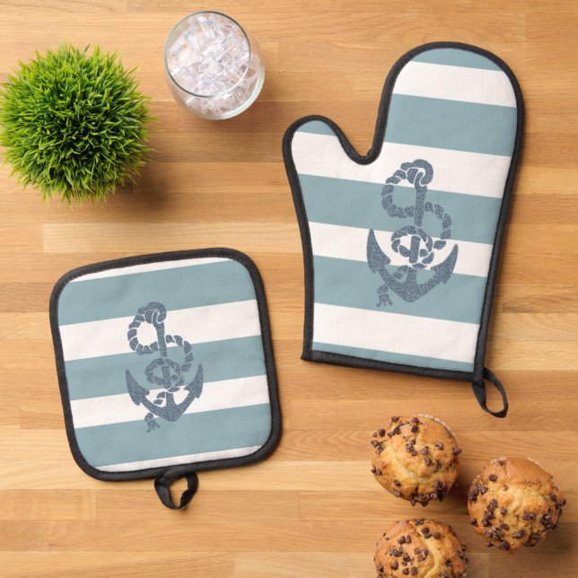 Nautical Stripes Anchor Oven Mitt & Pot Holder Set (Top Down)