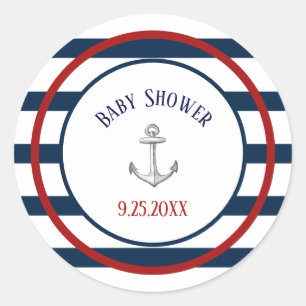 Nautical Stripes and Anchor Baby Shower Classic Round Sticker